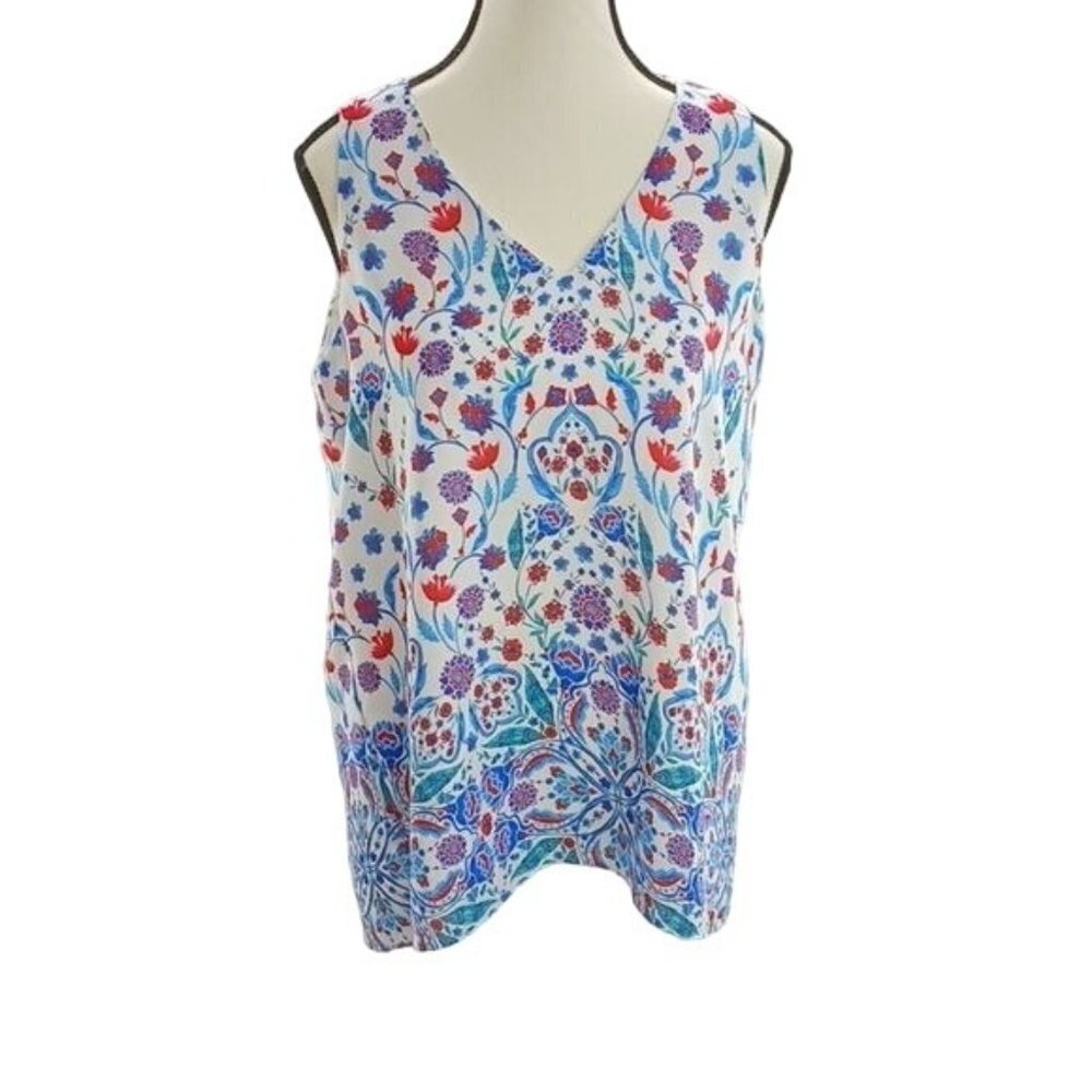 Adrienne Vittadini Womens Sleeveless Blouse Floral V Neck Lightweight Top Size M